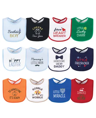 Hudson Baby Infant Boy Cotton Terry Drooler Bibs with Fiber Filling 12pk, Cute Boy Holiday Sayings, One Size