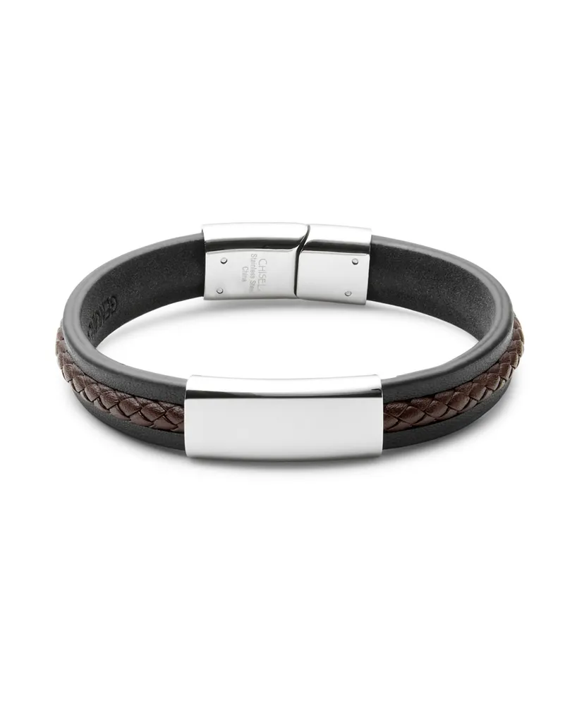 Men's Black With Brown Brai Ded Leather Id Bracelet