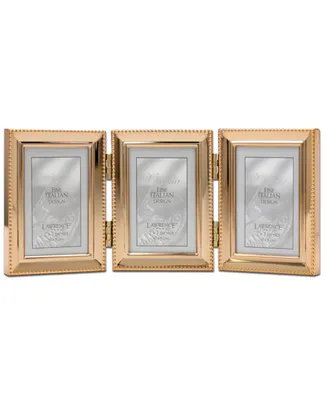 Polished Metal Hinged Triple Picture Frame - Bead Border Design, 2.5" x 3.5" - Gold
