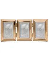Polished Metal Hinged Triple Picture Frame - Bead Border Design, 2.5" x 3.5" - Gold
