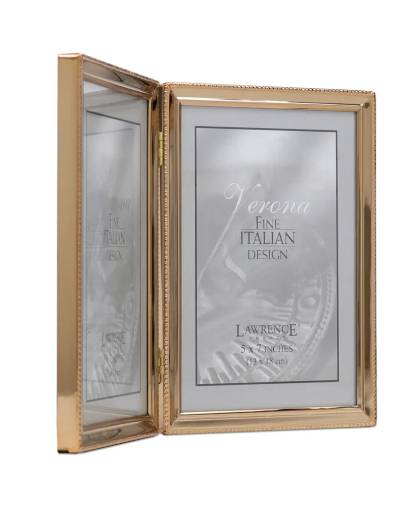Polished Metal Hinged Double Picture Frame - Bead Border Design, 5" x 7