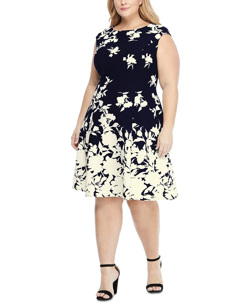 London Times Plus Scuba-Crepe Floral-Print Fit & Flare Dress