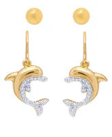 Diamond Accent Dolphin Fishhook Ball Gold Plate Or Silver Plate Stud Set