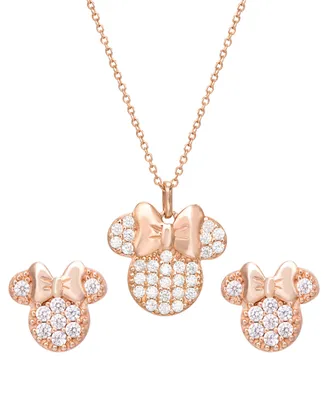 Disney Children's 2-Pc. Set Cubic Zirconia Pave Minnie Mouse Pendant Necklace & Matching Stud Earrings in 18k Rose Gold-Plated Sterling Silver