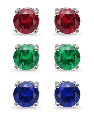 Giani Bernini Lab Grown Green Quartz, Lab Grown Ruby and Simulated Blue Sapphire Stud Earring Set, 3 Piece