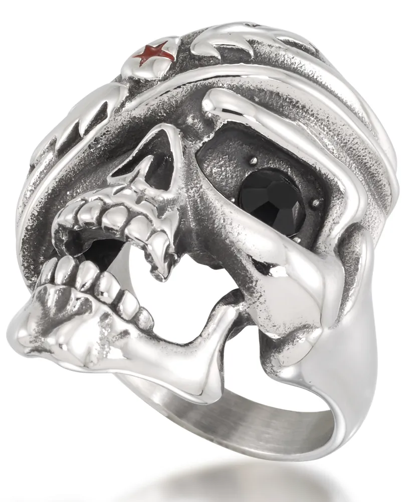 Andrew Charles by Andy Hilfiger Men's Black Cubic Zirconia & Red Enamel Pirate Skull Ring Stainless Steel