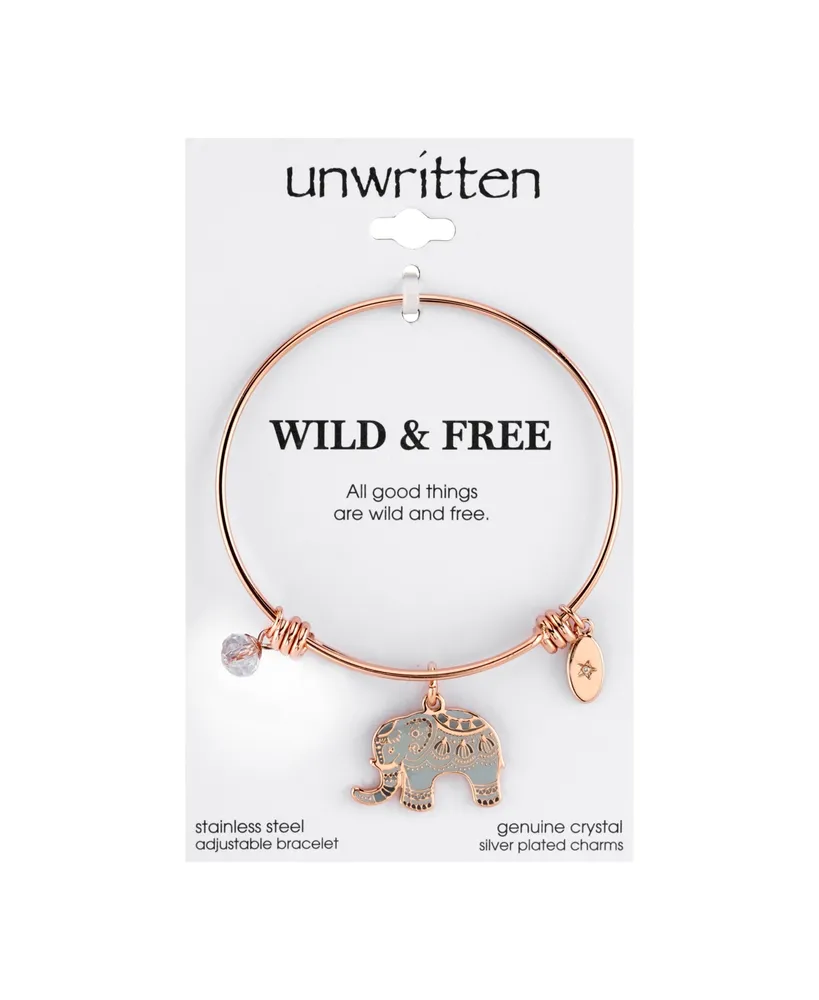 Unwritten "All Good Things are Wild and Free" Elephant Charm Adjustable Bangle Bracelet in Rose Gold-Tone Stainless Steel with Silver Plated Charms