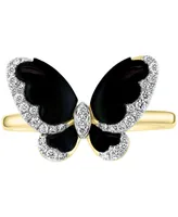 Effy Diamond (1/5 ct. t.w.) & Onyx (3-1/2-4-1/2) Butterfly Statement Ring In 14k Gold