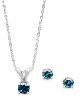 10k White Gold Blue Diamond Necklace and Earring Set (1/ ct. t.w