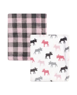 Hudson Baby Infant Girl Cozy Plush Luxury Blankets 2pk, Woodland Silhouette, One Size