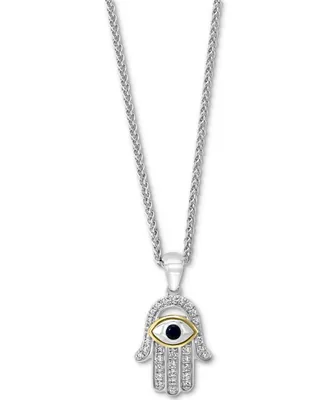 Effy Sapphire (1/10 ct. t.w.) & Diamond (1/5 ct. t.w.) Hamsa Hand 18" Pendant Necklace in Sterling Silver & 18k Gold-Plate