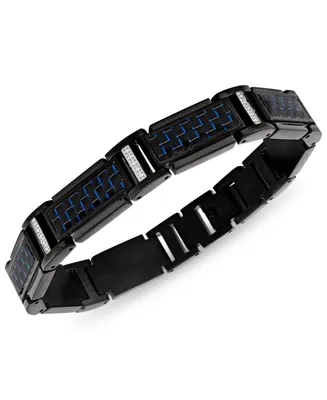 Esquire Men's Jewelry Diamond (1/5 ct. t.w.) & Blue Carbon Fiber Link Bracelet in Black Ion-Plated Stainless Steel, Created for Macy's