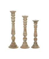 Set of 3 Brown Mango Wood Traditional Candle Holder, 24", 21", 17"