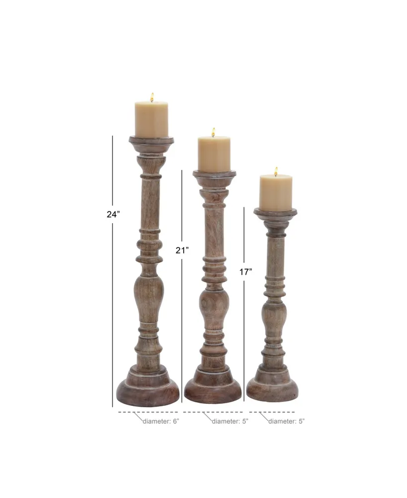 Set of 3 Brown Mango Wood Traditional Candle Holder, 24", 21", 17"