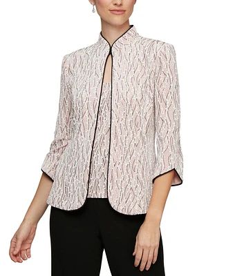 Alex Evenings Printed Piped 3/4-Sleeve Two-Piece Glitter Top & Jacket