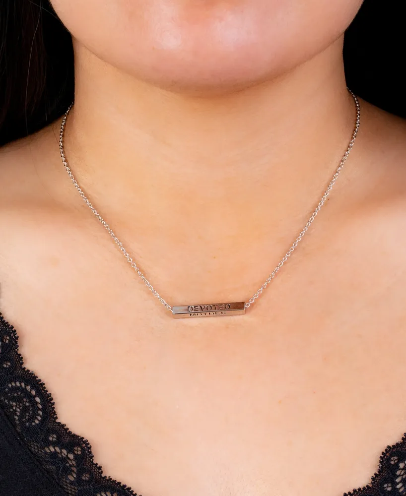 Inspirational Mother, Devoted, Loving and Strong 4 Sided Bar Necklace 16+2" In Silver Plated