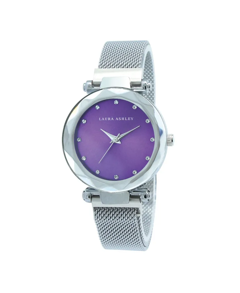 Laura Ashley Women's Facet Bezel Silver-Tone Alloy Magnet Closure Mesh Band Watch 34mm