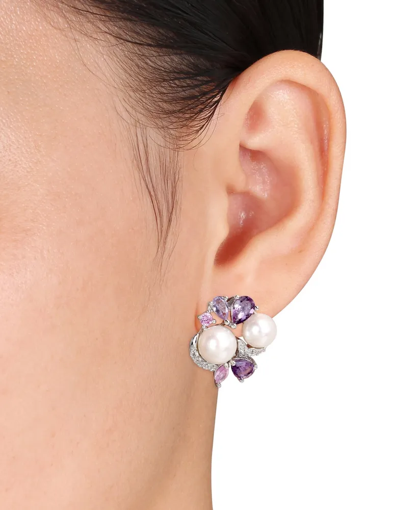 Cultured Freshwater Pearl (6-1/2 & 7-1/2mm) & Multi-Gemstone (2-3/4 ct. t.w.) Cluster Stud Earrings in Sterling Silver