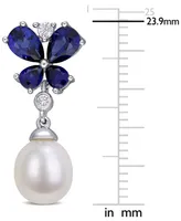 Cultured Freshwater Pearl (8mm) & Lab-Grown Blue & White Sapphire (3-3/4 ct. t.w.) Butterfly Drop Earrings in Sterling Silver