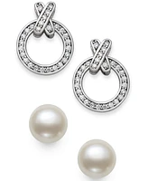 2-Pc. Set Cultured Freshwater Pearl (8mm) & Cubic Zirconia Xo Stud Earrings in Sterling Silver