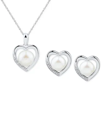 2-Pc. Set Cultured Freshwater Pearl (7-8mm) & Diamond Accent Heart Pendant Necklace & Matching Stud Earrings in Sterling Silver