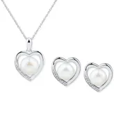 2-Pc. Set Cultured Freshwater Pearl (7-8mm) & Diamond Accent Heart Pendant Necklace & Matching Stud Earrings in Sterling Silver