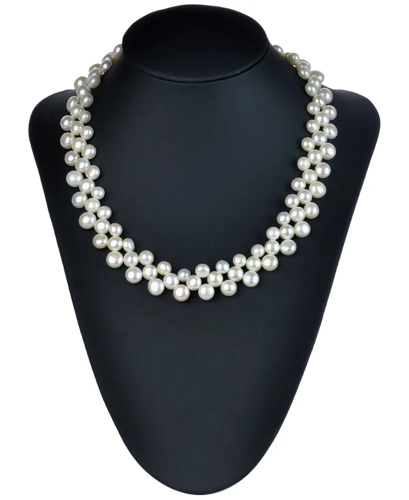 Cultured Freshwater Pearl (7-8mm) Triple Row Flower Clasp 17" Collar Necklace