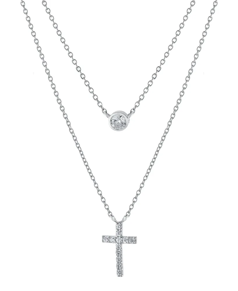 Double Layered 16" + 2" Cubic Zirconia Solitaire and Cross Chain Necklace in Sterling Silver
