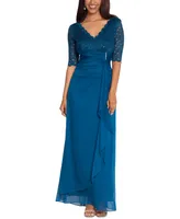 Betsy & Adam Petite V-Neck Lace-Bodice Gown