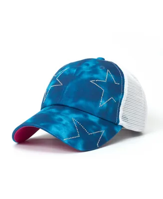 Starry Lady Women's Adjustable Snap Back Mesh Blue Tie Dye Studded Star Trucker Hat