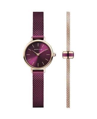 Bering Women's Purple Stainless Steel Mesh Strap Watch Set 22mm