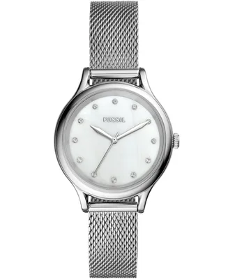 Fossil Women's Laney Three Hand Stainless Steel Mesh Watch 34mm - Silver