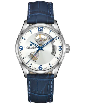 Hamilton Men's Swiss Automatic Jazzmaster Open Heart Blue Leather Strap Watch 42mm