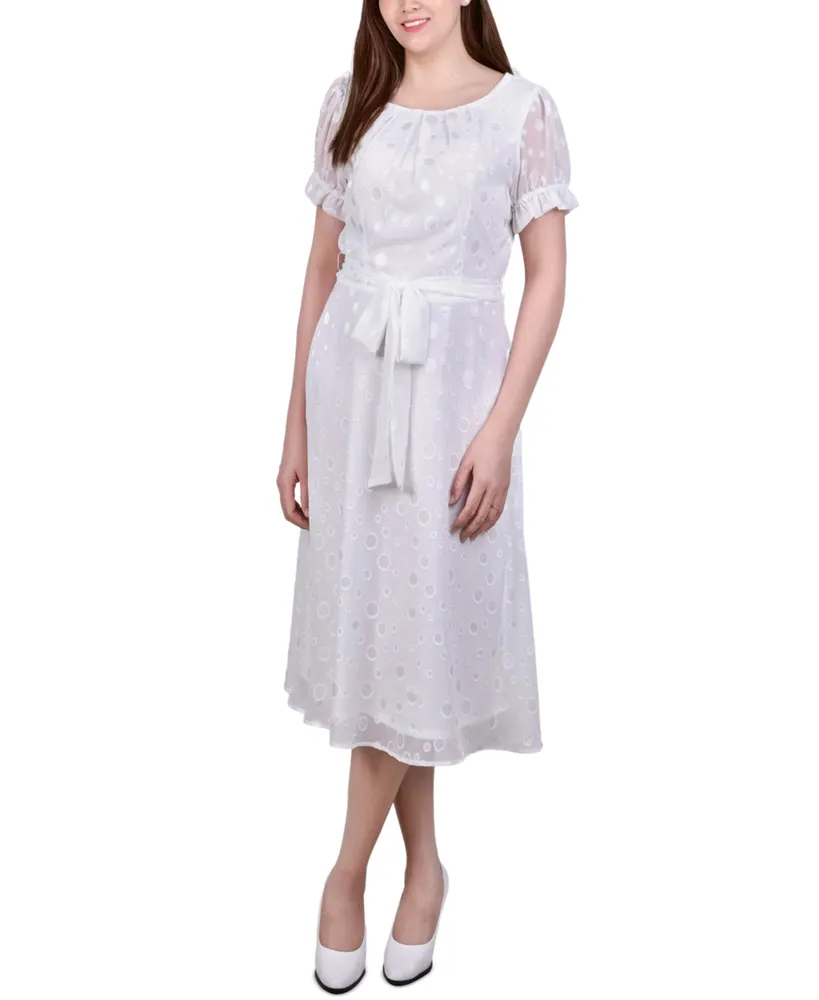 Ny Collection Petite Short Sleeve Belted Swiss Dot Dress