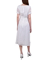 Ny Collection Petite Short Sleeve Belted Swiss Dot Dress