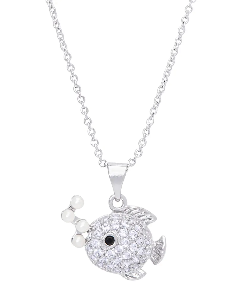 Simulated Pearl Cubic Zirconia Fish Pendant 18" Necklace in Silver Plate