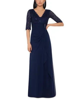 Betsy & Adam Women's Lace-Top Waterfall-Detail Gown
