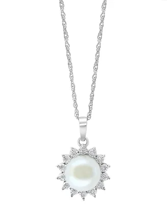 Effy Cultured Freshwater Pearl (7 mm) & Diamond (1/20 ct. t.w.) Halo 18" Pendant Necklace in Sterling Silver