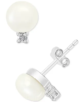 Effy Cultured Freshwater Pearl (7 mm) & Diamond (1/10 ct. t.w.) Stud Earrings in Sterling Silver