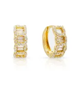 Pave and Baguette Cubic Zirconia Huggie Hoop Earrings