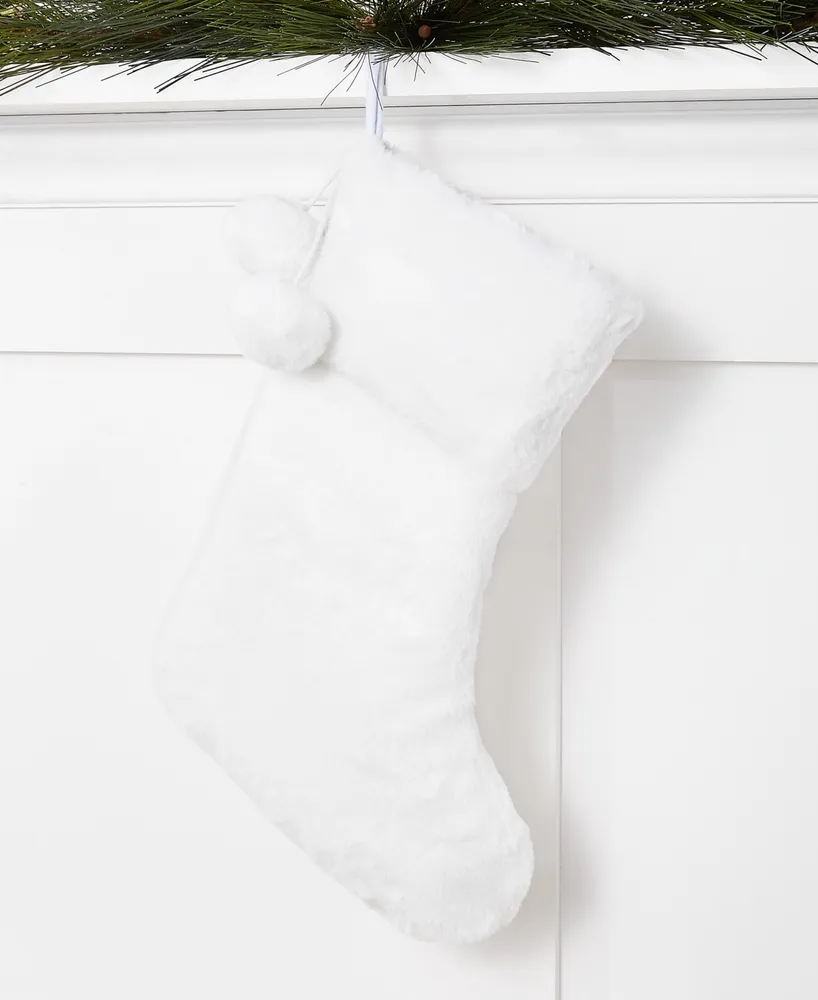 Holiday Lane White Plush Stocking with Pom Poms, Created for Macy's