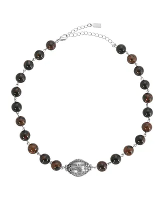 Silver-Tone Hail Mary Beaded Prayer Semi Precious Genuine Brown Obsidian Necklace