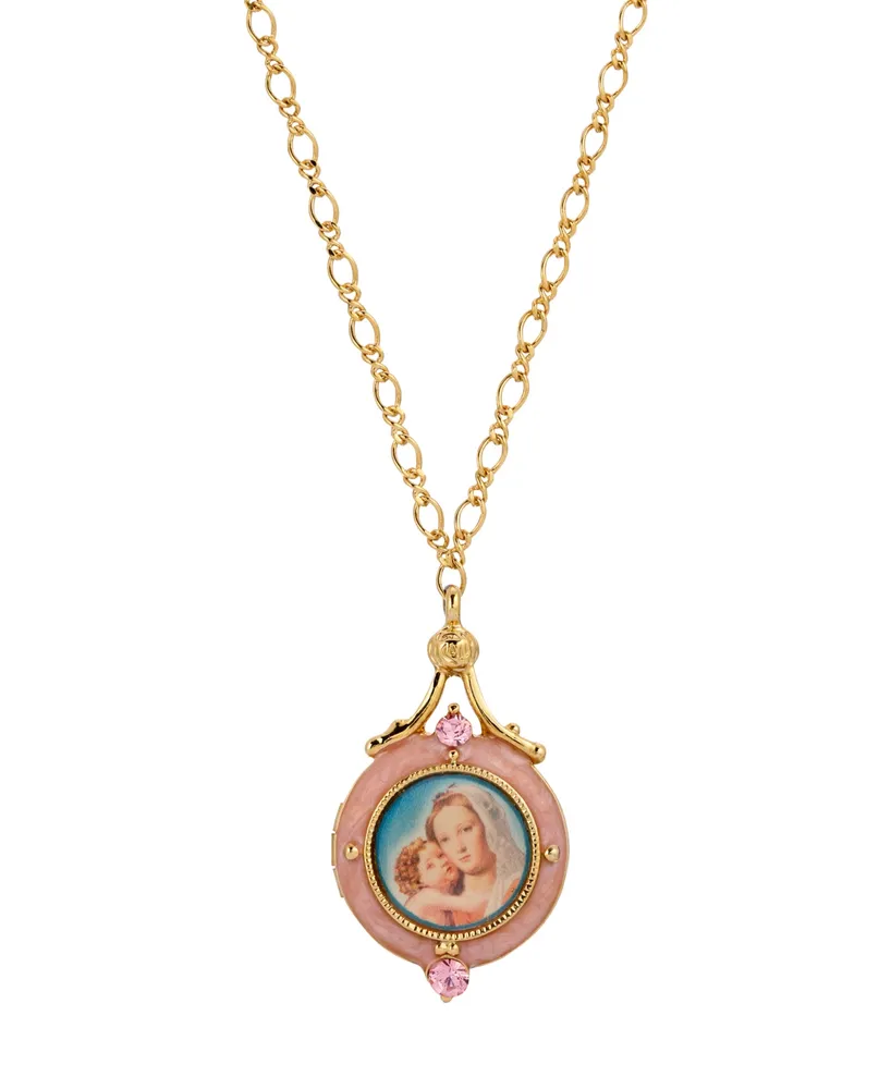 14K Gold-Dipped Pink Enamel Mary and Child Image Locket Necklace