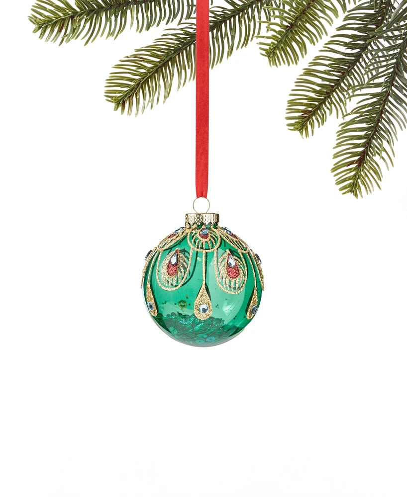 Holiday Lane Jewel Tones Green Ball with Peacock Pattern Ornament, Created for Macy's