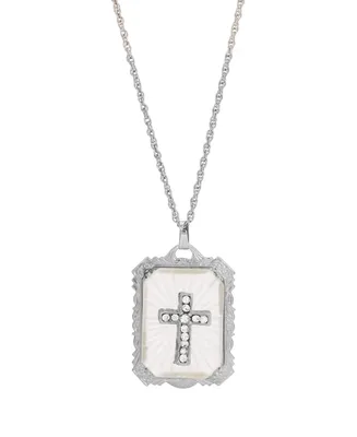 Silver-Tone Frosted Stone with Crystal Cross Large Pendant Necklace