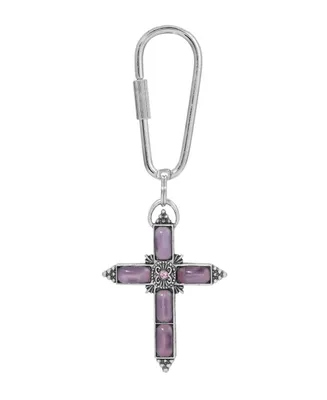 Silver-Tone Purple Moonstone Purple Crystal Cross Key Chain
