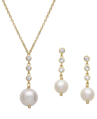 2-Pc. Set Cultured Freshwater Pearl (6 & 10mm) & Cubic Zirconia Bezel Pendant Necklace & Matching Drop Earrings in 18k Gold-Plated Sterling Silver