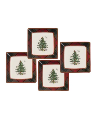 Spode Christmas Tree Tartan Square Tidbit Plates, Set of 4