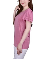 Women's Short Eyelet-Cut-out Sleeve Scoop Neck Top