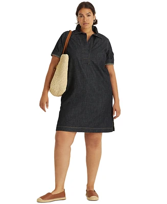 Women's Plus Short-Sleeve Denim Cotton Shift Dress